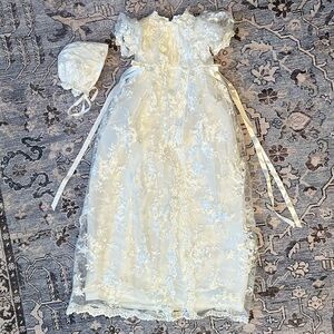 White lace baby christening gown + bonnet, vintage style detailing